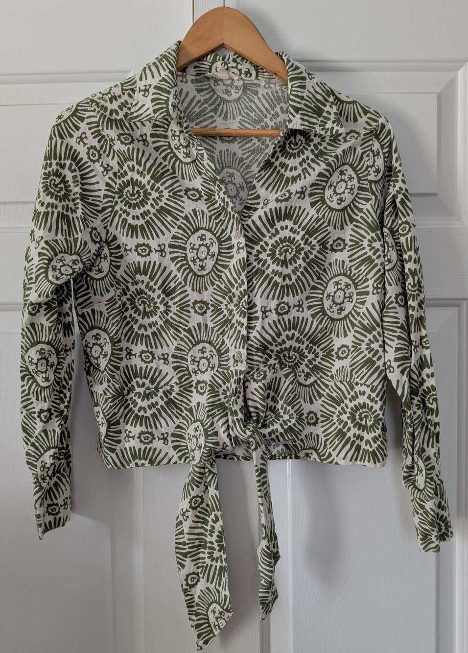 Haute Hippie Green Sunburst Tie Front Linen Blend Blouse